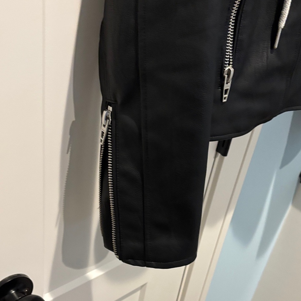 Blank NYC Black Leather Jacket with Gray Hood - Picture 4 of 5